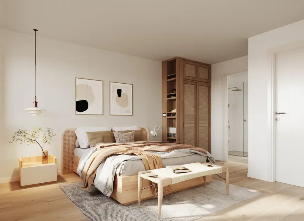 Modern bedroom with minimalist design and natural wood accents, cozy bedding, and stylish decor.