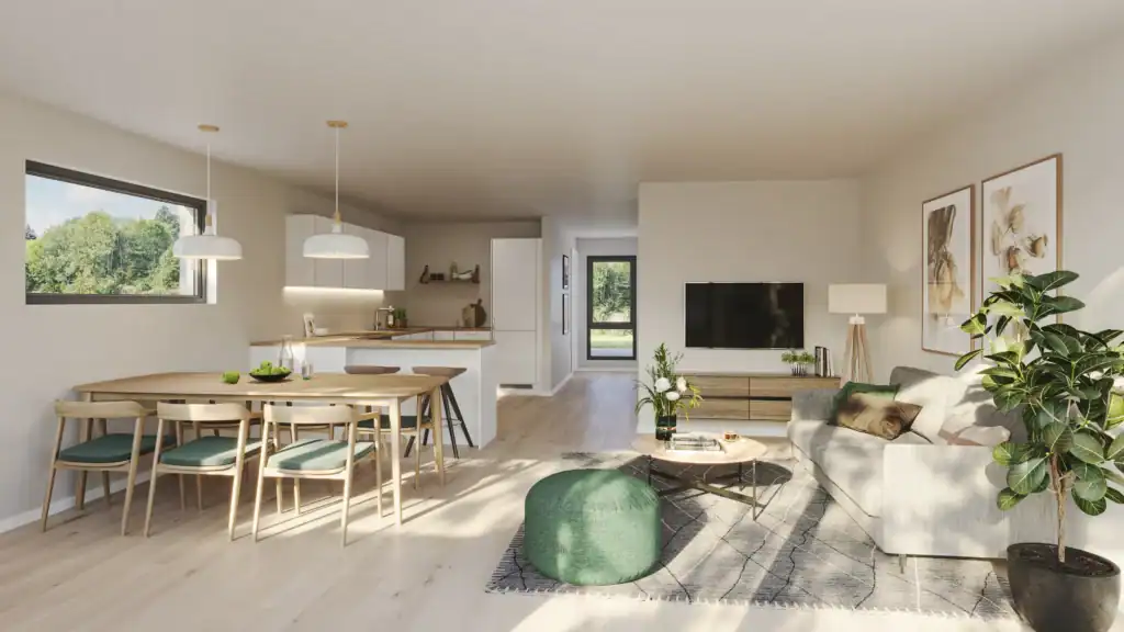 Bright and modern open-concept living and dining area with large windows and stylish decor at Ageco.