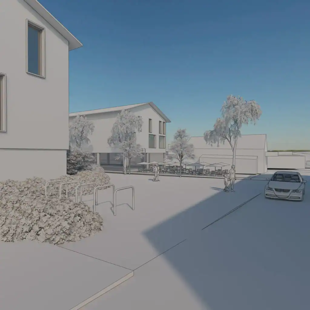 Modern residential complex architectural rendering with outdoor communal space and landscaping.