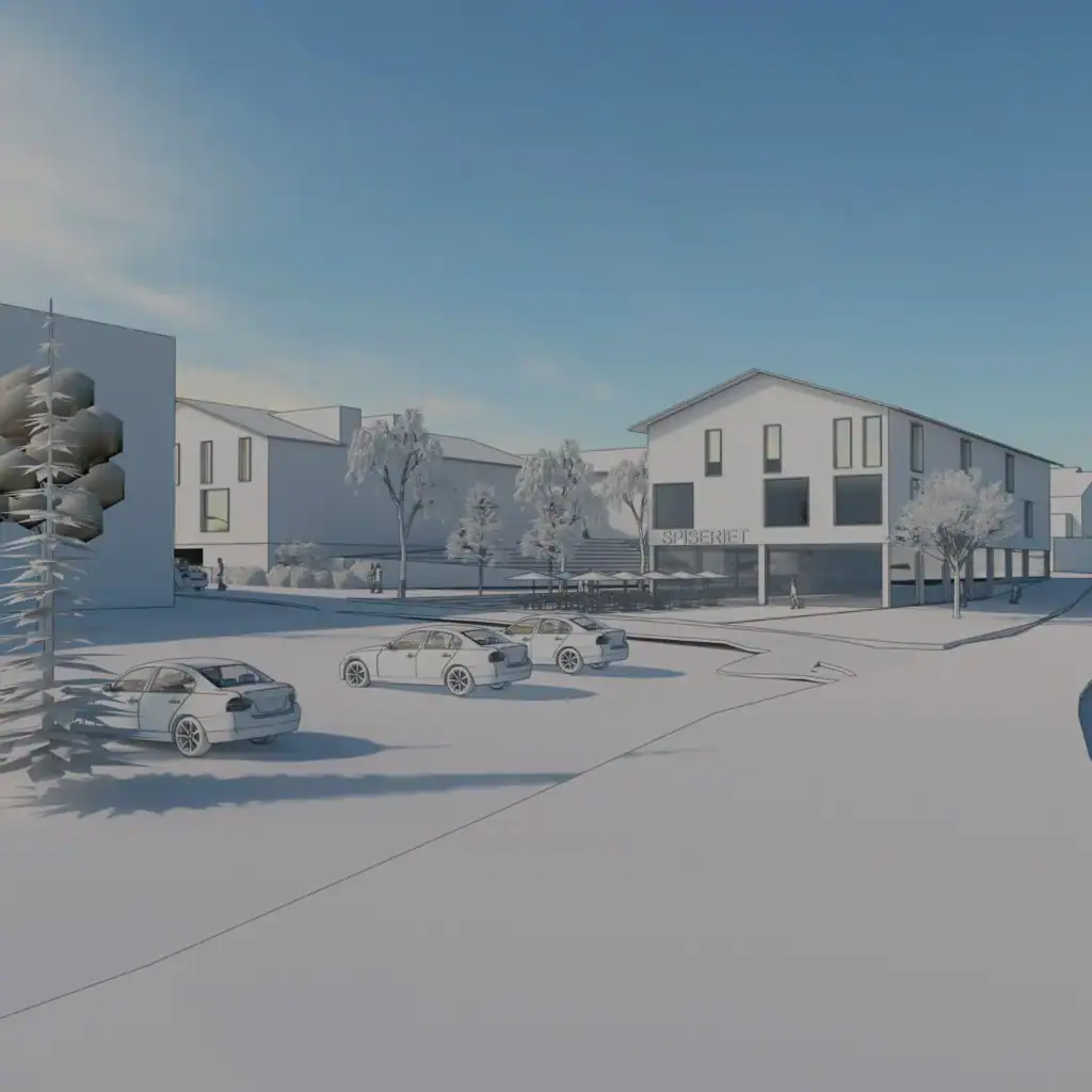 Modern commercial building with outdoor seating and parking in a snowy landscape.