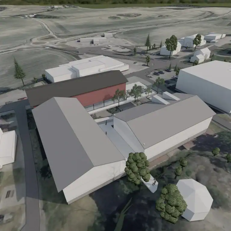 Modern architectural design of Ageco commercial and industrial buildings with landscape features and parking lot.