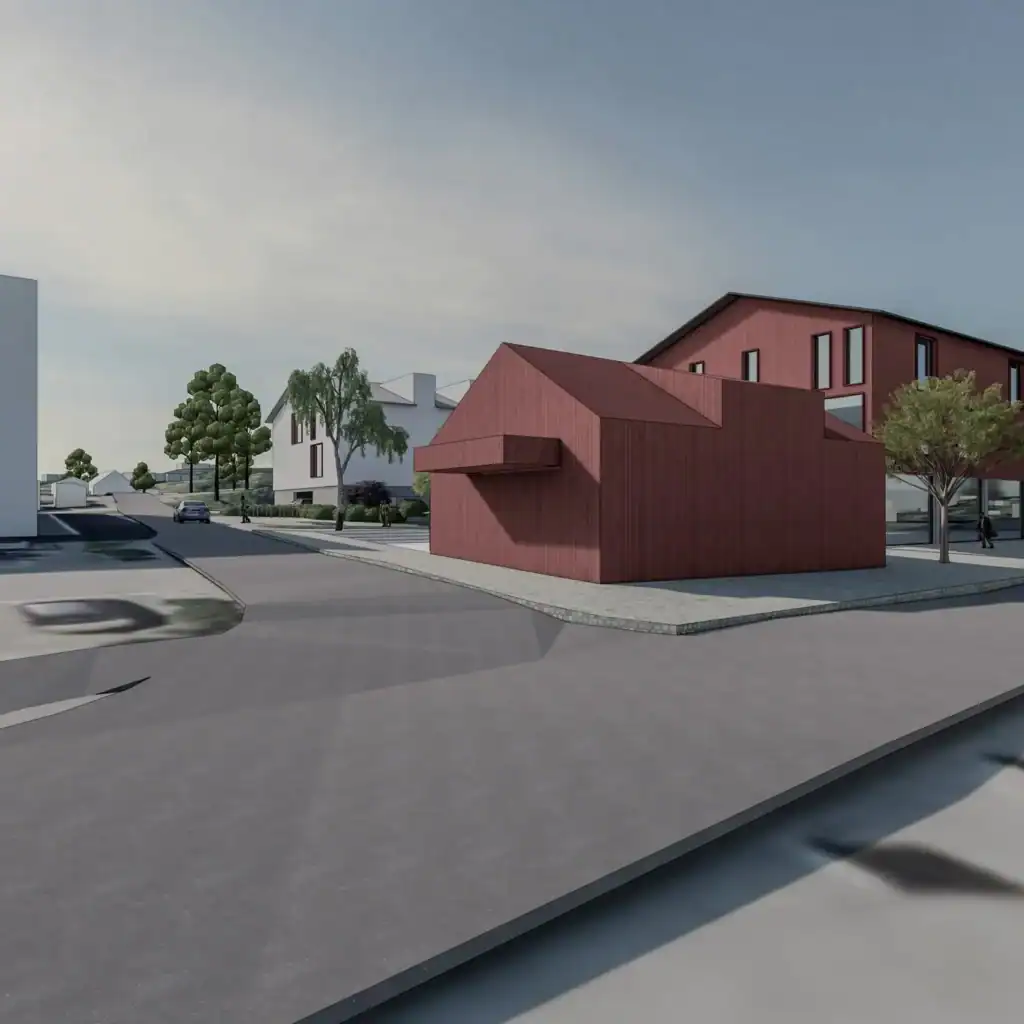Contemporary architectural design of a red wooden building with modern features and surrounding neighborhood.