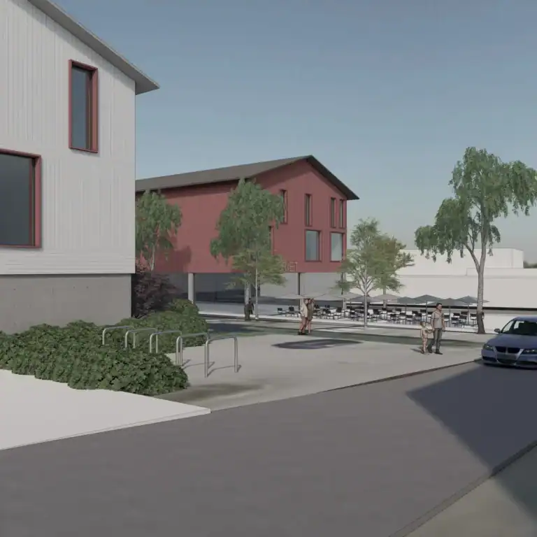 Modern mixed-use building design showcasing sustainable architecture and urban community space.