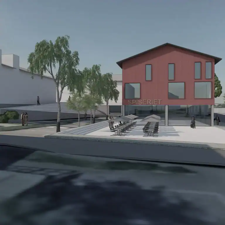 Modern architectural rendering of a commercial building with outdoor seating area and greenery.