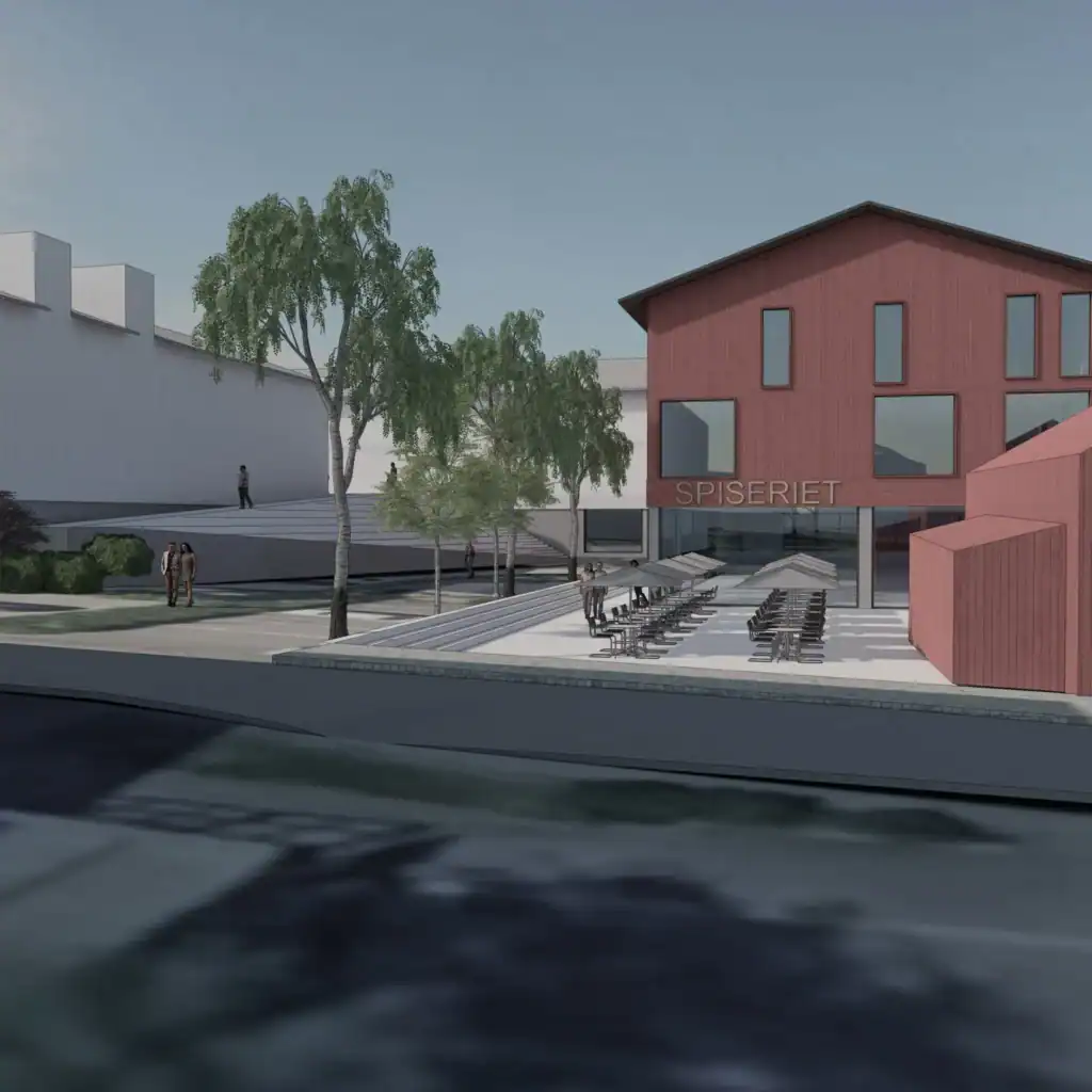 Modern office building exterior with outdoor seating and landscaping - Ageco development project.