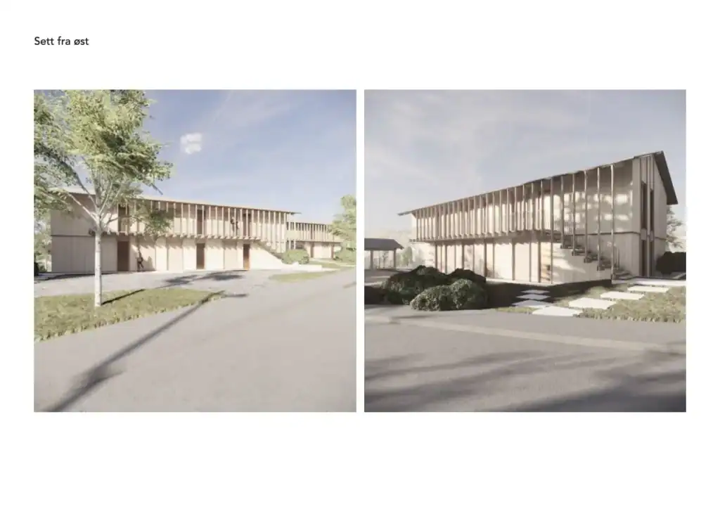 Moderne trehusarkitektur med grønne omgivelser og bærekraftige materialer.