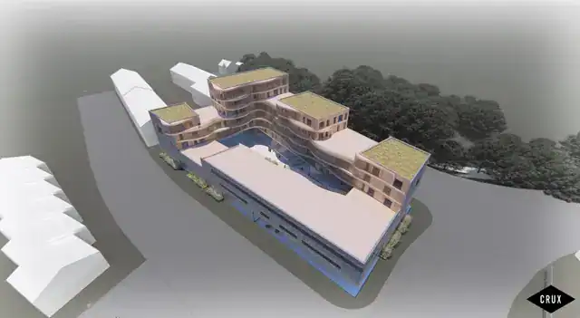 Modern multi-story residential building with green roofs and surrounding landscape.