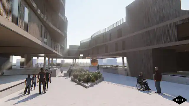Contemporary modern building architecture with outdoor communal space and landscaping for urban living.