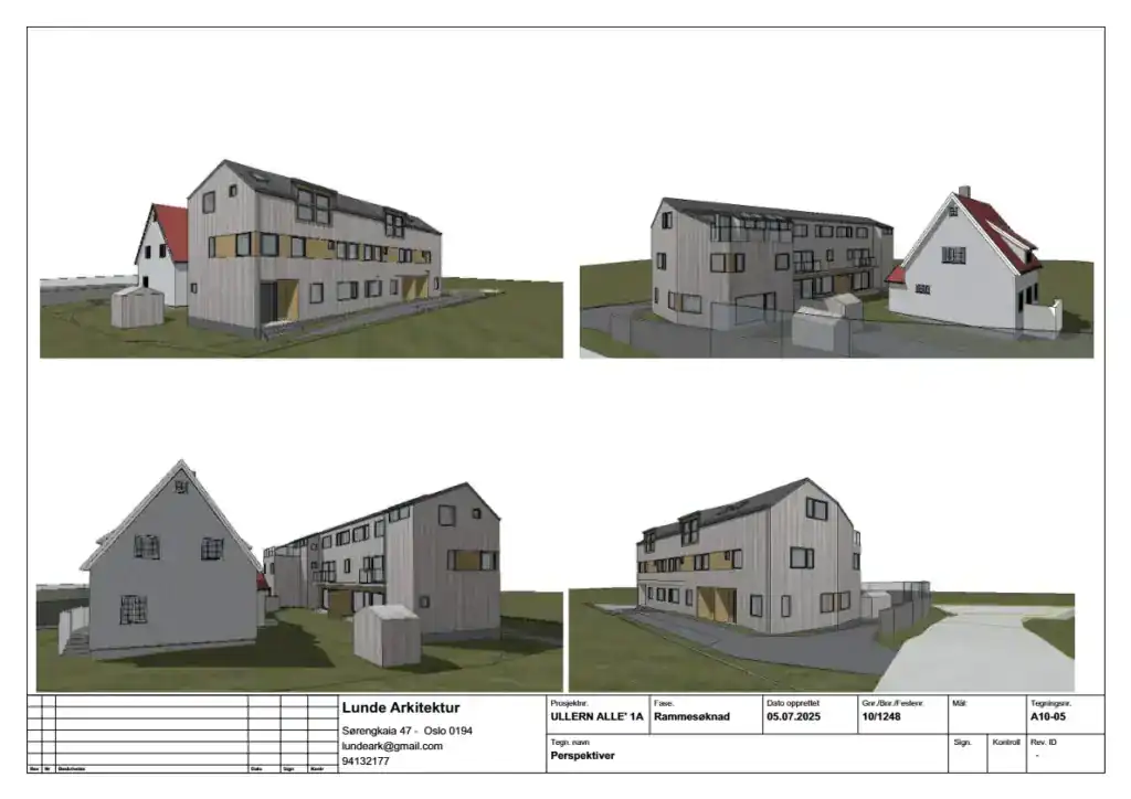Moderne boligkompleks med tre bygninger i tremateriale, illustrasjon av Ageco Eiendom.