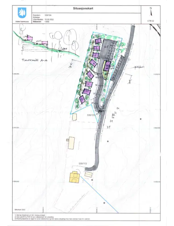 Nyeboligprosjekt av Ageco med plan for boligfelt, veier, grøntområder og utendørsfasiliteter, designet for funksjonalitet og estetikk i Asker kommune.